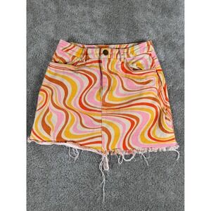 Pretty Garbage Swirl Print Denim Mini Skirt Pink Orange Retro 70s Psychedelic S